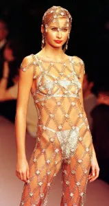 Paco Rabanne fashion show Paris, France, January 1998 Model on catwalk dressed in Paco Rabanne fashion show Paris, France, January 1998 Model on catwalk dressed in