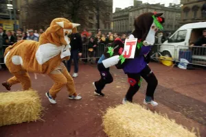 Pantomime horse race at George Square Glasgow with Grant Stott and John Leslie Pantomime horse race at George Square Glasgow with Grant Stott and John Leslie