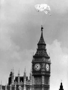 A parachutist heads for the Thames, passing Big Ben on the way A parachutist heads for the Thames, passing Big Ben on the way