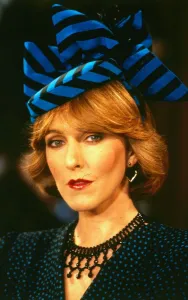Patricia Hodge actress July 1987 WEarin gblue and black striped hat Patricia Hodge actress July 1987 WEarin gblue and black striped hat