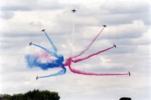 The Patrouille de France aerobatic display team flying their Dassault/Dornier Alpha Jet The Patrouille de France aerobatic display team flying their Dassault/Dornier Alpha Jet