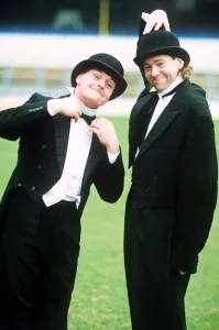 Paul Gascoigne footballer with Chris Waddle as Laurel and Hardy Circa May 1990 Paul Gascoigne footballer with Chris Waddle as Laurel and Hardy Circa May 1990