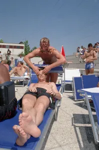 Paul Gascoigne seen here playing about beside the pool at the England Teams hotel in Paul Gascoigne seen here playing about beside the pool at the England Teams hotel in