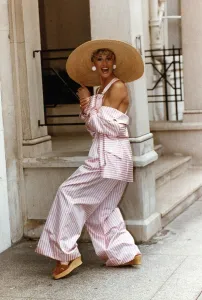Paula Hamilton model wearing a pink and white striped silk jacket and dungarees Paula Hamilton model wearing a pink and white striped silk jacket and dungarees