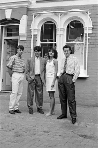 Four people outside a fashion shop in Middlesbrough. Circa 1984 Four people outside a fashion shop in Middlesbrough. Circa 1984
