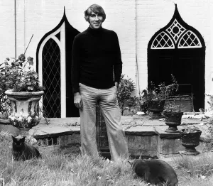 Peter Cook comedian actor outside house 1975 Peter Cook comedian actor outside house 1975