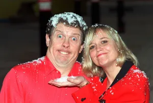 Phil Cool comedian and actress Susan Penhaligon Nov 1990 covered in snow Phil Cool comedian and actress Susan Penhaligon Nov 1990 covered in snow