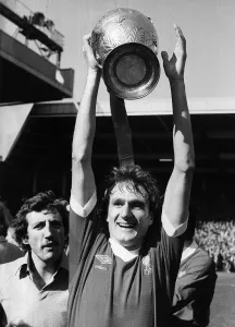 Phil Thompson of Liverpool with League Trophy 1980 after beating Aston Villa Phil Thompson of Liverpool with League Trophy 1980 after beating Aston Villa