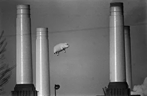 Pink Floyd Inflatable Flying Pig at Battersea Power Station in London during filming of Pink Floyd Inflatable Flying Pig at Battersea Power Station in London during filming of