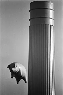 Pink Floyd Inflatable Flying Pig at Battersea Power Station in London during filming of Pink Floyd Inflatable Flying Pig at Battersea Power Station in London during filming of
