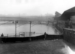 The pitch at Eastville Stadium, Bristol, completely flooded in 1974 The pitch at Eastville Stadium, Bristol, completely flooded in 1974