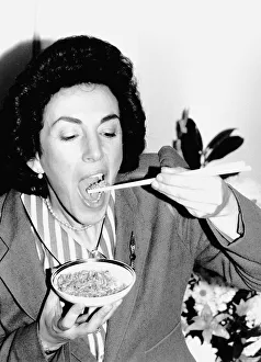 Politician Edwina Currie eating rice with chopsticks April 1988 Politician Edwina Currie eating rice with chopsticks April 1988