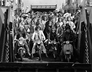 Pop fans leaving the ferry on arrival at The Isle of Wight. 28th August 1970 Pop fans leaving the ferry on arrival at The Isle of Wight. 28th August 1970