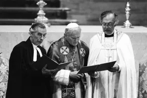 Pope John Paul II during his visit to Britain in 1982 conducts a joint service withe Pope John Paul II during his visit to Britain in 1982 conducts a joint service withe
