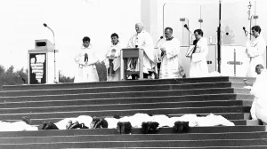 Priests to be ordained prostrate themselves before Pope John Paul II at Heaton Park Priests to be ordained prostrate themselves before Pope John Paul II at Heaton Park