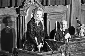 Prime Minister Margaret Thatcher addressing the General Election count at Hendon Town Prime Minister Margaret Thatcher addressing the General Election count at Hendon Town
