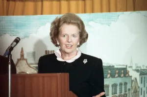 Prime Minister Margaret Thatcher delivers a speech shortly after hearing about Prime Minister Margaret Thatcher delivers a speech shortly after hearing about