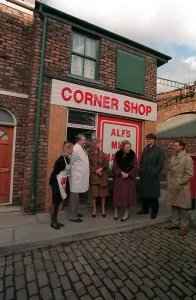 Prime Minister Margaret Thatcher at Granada TV on the Coronation Street set with some of Prime Minister Margaret Thatcher at Granada TV on the Coronation Street set with some of