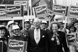 Prime Minister Margaret Thatcher and her husband Denis campaigning ahead of the General Prime Minister Margaret Thatcher and her husband Denis campaigning ahead of the General