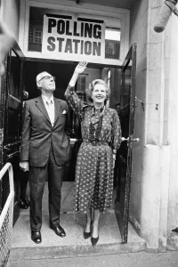 Prime Minister Margaret Thatcher and husband Dennis seen here leaving the polling station Prime Minister Margaret Thatcher and husband Dennis seen here leaving the polling station