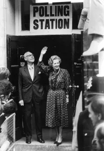Prime Minister Margaret Thatcher and husband Dennis seen here leaving the polling station Prime Minister Margaret Thatcher and husband Dennis seen here leaving the polling station