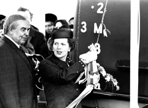 Prime Minister Margaret Thatcher at the launch of the SD14 cargo ship United Effort at Prime Minister Margaret Thatcher at the launch of the SD14 cargo ship United Effort at