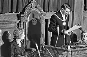 Prime Minister Margaret Thatcher looks on as the returning officer for the constituency Prime Minister Margaret Thatcher looks on as the returning officer for the constituency