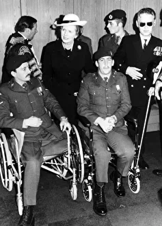 Prime Minister Margaret Thatcher speaking to soldiers wounded in the Falklands War at a Prime Minister Margaret Thatcher speaking to soldiers wounded in the Falklands War at a