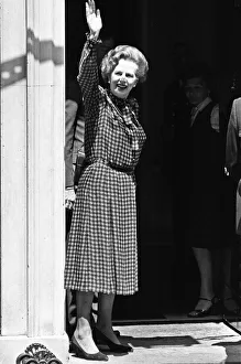 Prime Minister Margaret Thatcher on the steps of 10 Downing Street waving to the crowds Prime Minister Margaret Thatcher on the steps of 10 Downing Street waving to the crowds