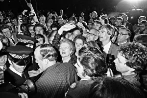 Prime Minister Margaret Thatcher waves to the crowds of her supports as she arrives at Prime Minister Margaret Thatcher waves to the crowds of her supports as she arrives at