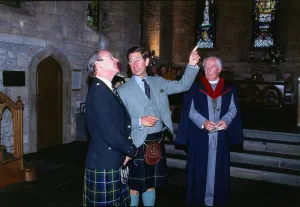Prince Charles Prince of Wales October 1989 pointing to the roof in a church in Dundee Prince Charles Prince of Wales October 1989 pointing to the roof in a church in Dundee