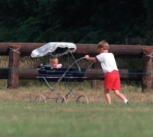 Prince William Collection 1989 Prince William pushing Princess Beatrice in pram Prince William Collection 1989 Prince William pushing Princess Beatrice in pram