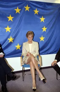 Princess Diana poses beneath the flag of the European Community in Brussels Princess Diana poses beneath the flag of the European Community in Brussels