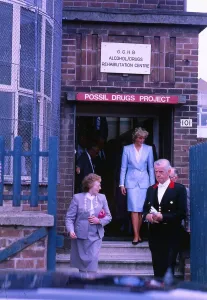 Princess Diana Princess of Wales in Glasgow leaving the Possil Drugs project building Princess Diana Princess of Wales in Glasgow leaving the Possil Drugs project building