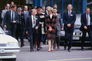 Princess Diana during a visit to Prestwick, Scotland. She is wearing a tartan suit Princess Diana during a visit to Prestwick, Scotland. She is wearing a tartan suit