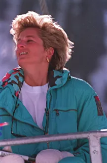 PRINCESS OF WALES WEARING GREEN SKI SUIT SEATED ON SKI CHAIR DURING SKIING HOLIDAY IN PRINCESS OF WALES WEARING GREEN SKI SUIT SEATED ON SKI CHAIR DURING SKIING HOLIDAY IN