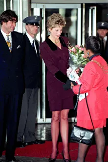 PRINCESS OF WALES WEARING A PURPLE SKIRT SUIT RECEIVING FLOWERS OUTSIDE THE NATIONAL PRINCESS OF WALES WEARING A PURPLE SKIRT SUIT RECEIVING FLOWERS OUTSIDE THE NATIONAL