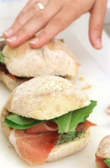 Prosciutto and rocket filled ciabatta bread rolls - August 1999, with fresh pesto Prosciutto and rocket filled ciabatta bread rolls - August 1999, with fresh pesto