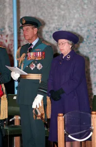 Queen Elizabeth II and Prince Philip presenting colours at RAF Marham. April 1994 Queen Elizabeth II and Prince Philip presenting colours at RAF Marham. April 1994