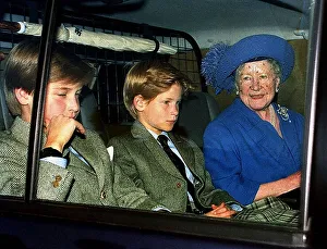 Queen Mother with Prince William and Harry leaving Crathie in car Queen Mother with Prince William and Harry leaving Crathie in car