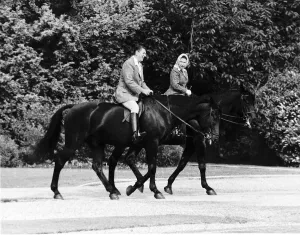 The Queen riding beside President Reagan at Windsor. June 1982 The Queen riding beside President Reagan at Windsor. June 1982