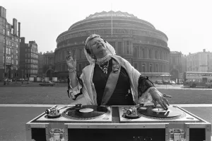 A Queen Victoria lookalike DJ-ing outside the Royal Albert Hall 9th March 1987 A Queen Victoria lookalike DJ-ing outside the Royal Albert Hall 9th March 1987