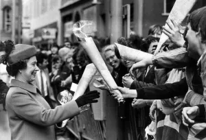 The Queen visits Manchester, 5th May 1982. Receiving bunches of flowers The Queen visits Manchester, 5th May 1982. Receiving bunches of flowers