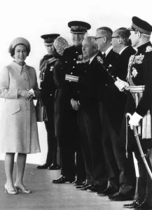 The Queen waits to greet Queen Margrethe at Windsor. May 1974 With her are The Queen waits to greet Queen Margrethe at Windsor. May 1974 With her are