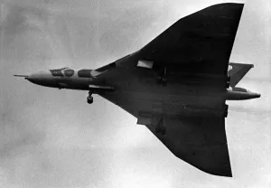 A RAF Avro Vulcan V-bomber flys over Sunderland Airport prior to a Vulcan becoming an A RAF Avro Vulcan V-bomber flys over Sunderland Airport prior to a Vulcan becoming an