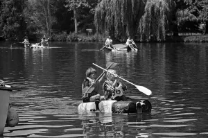 A raft race in Pangbourne, Berkshire. June 1976 A raft race in Pangbourne, Berkshire. June 1976
