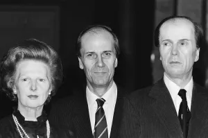 The real Norman Tebbit stands with wax works of Mrs Thatcher The real Norman Tebbit stands with wax works of Mrs Thatcher