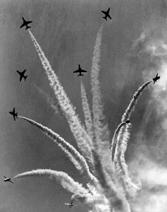 The Red Arrows acrobatic team sweep through at Coventry Air Day, Baginton airfield The Red Arrows acrobatic team sweep through at Coventry Air Day, Baginton airfield
