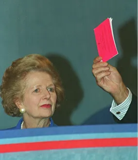 Red card for Margaret Thatcher Pictured in 1993 at the Conservative Conference in Red card for Margaret Thatcher Pictured in 1993 at the Conservative Conference in