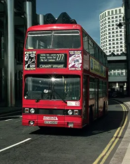 Red double decker London bus at Canary Wharf. May 1997 Red double decker London bus at Canary Wharf. May 1997